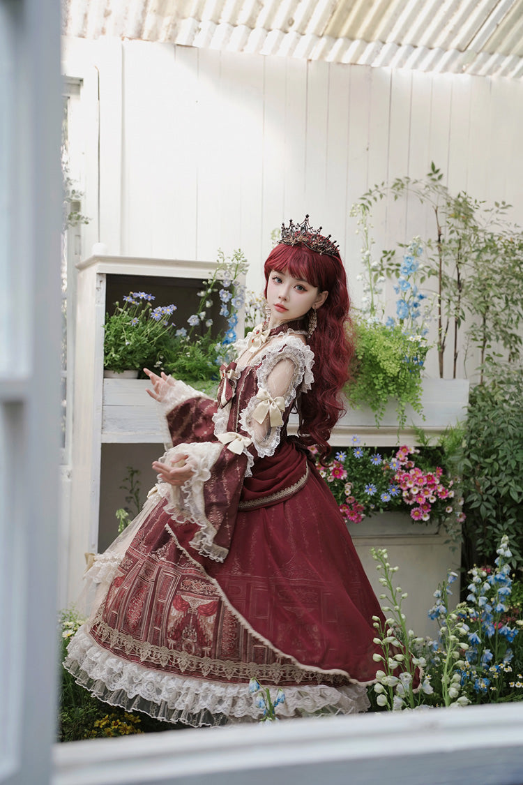 Red Baroque Palace Print Lace Classic Princess Lolita Dress - Product - 11