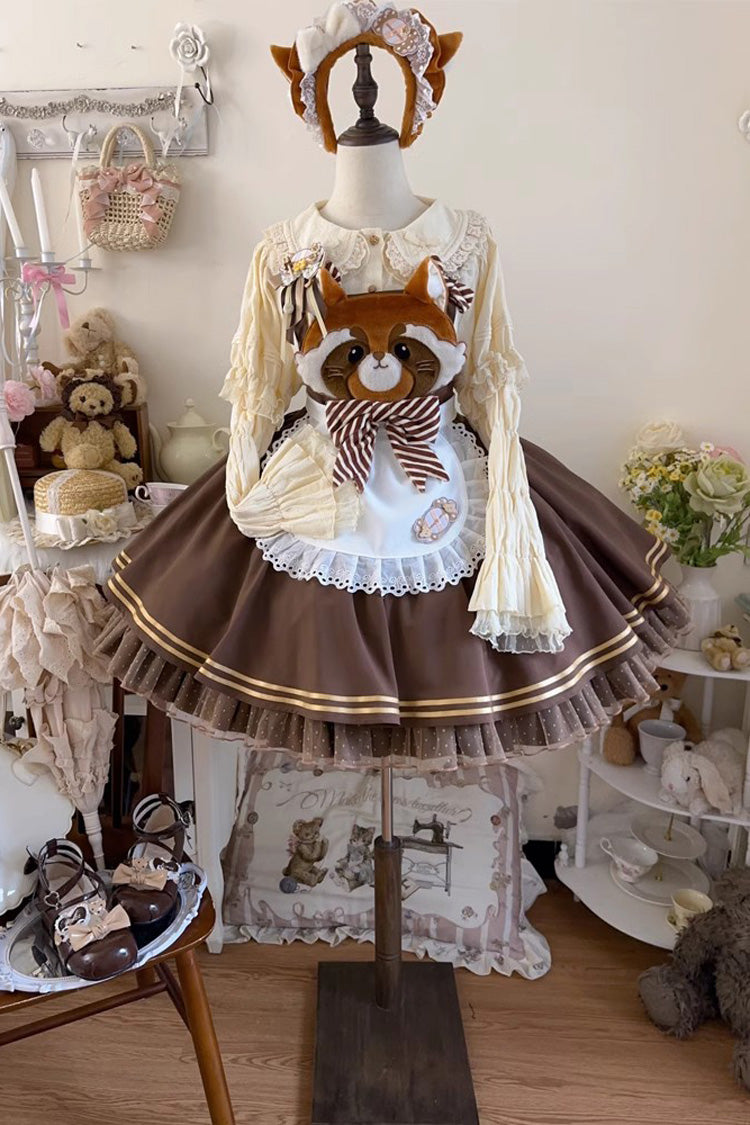 Brown Raccoon Ruffle Bowknot Sweet Lolita Strap Dress - Product - 2