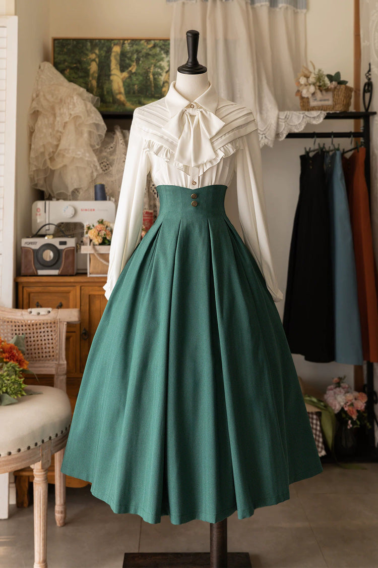 [Basket of the Forest] Lapel Collar Long Sleeves Ruffled Bow Classic Elegant Lolita Blouse 4 Colors - Product - 3