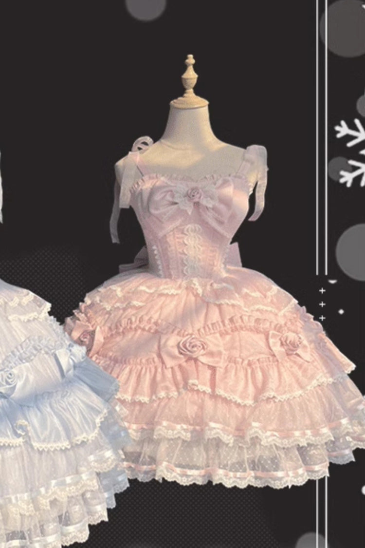 [Moonlight Mirror] Sleeveless Triple-Layered Ruffle Bowknot Lace Sweet Elegant Lolita Jsk Dress 2 Colors - Pink - 7