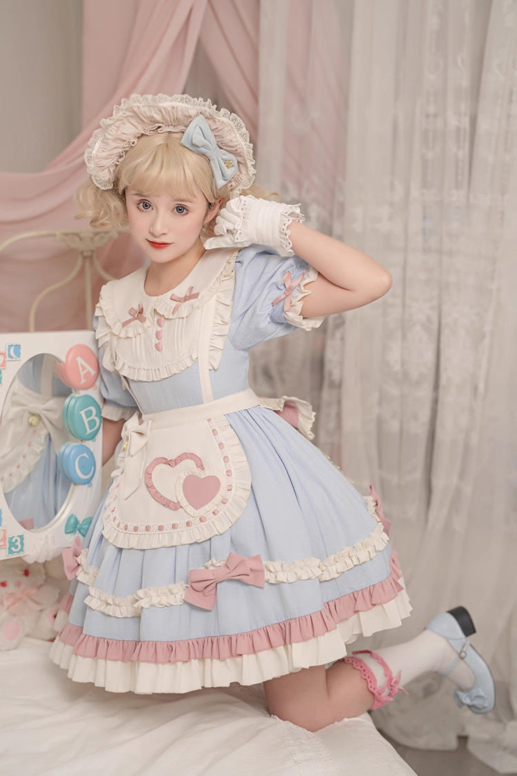 Blue Short Puff Sleeves Ruffle Bowknot Maid Sweet Princess Lolita Dress - Product - 9