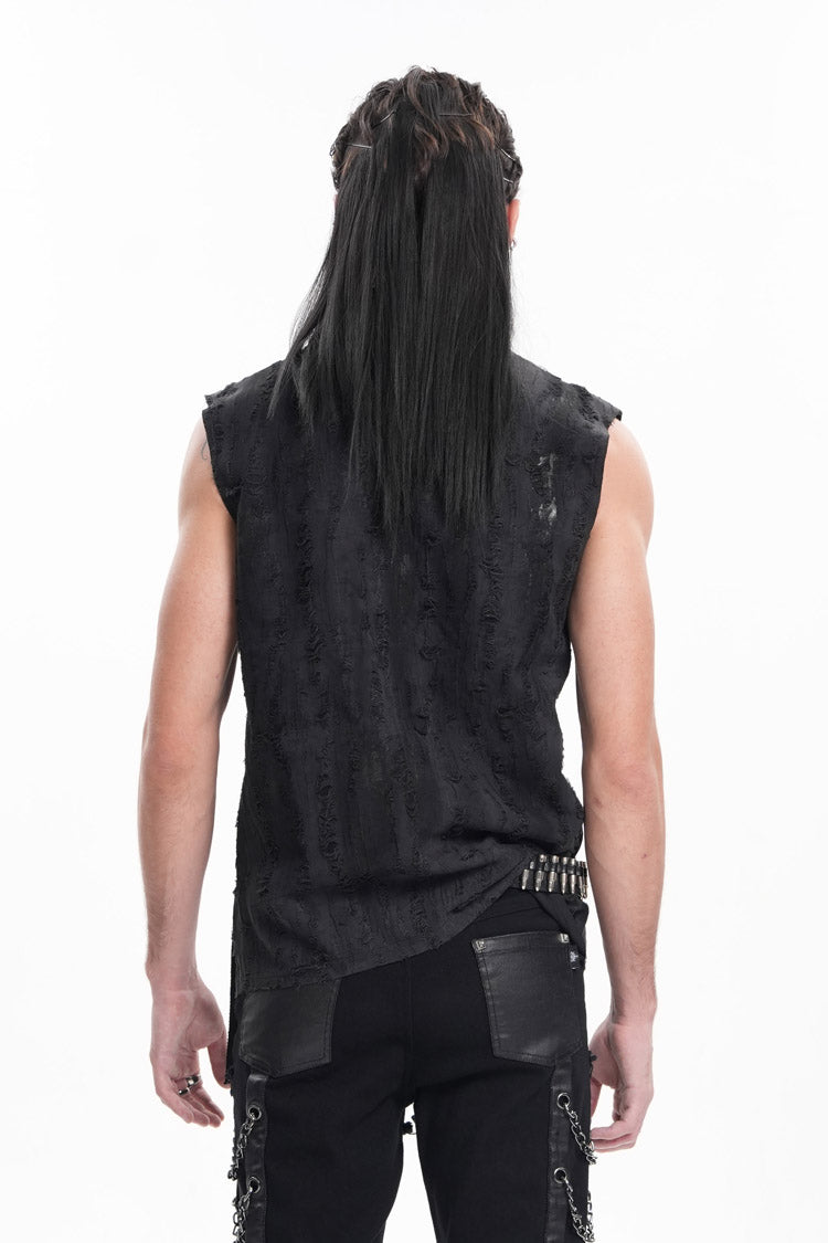 Black Lapel Collar Sleeveless Lace-Up Ripped Ring Men's Gothic Vest - Product - 3