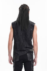Black Lapel Collar Sleeveless Lace-Up Ripped Ring Men's Gothic Vest - Product - 3