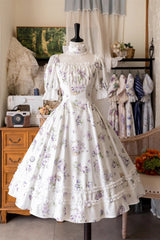 [Forest Basket] Print Short Sleeves Ruffle Lace Sweet Elegant Lolita Dress 6 Colors - White-Horned-Pansy - 5