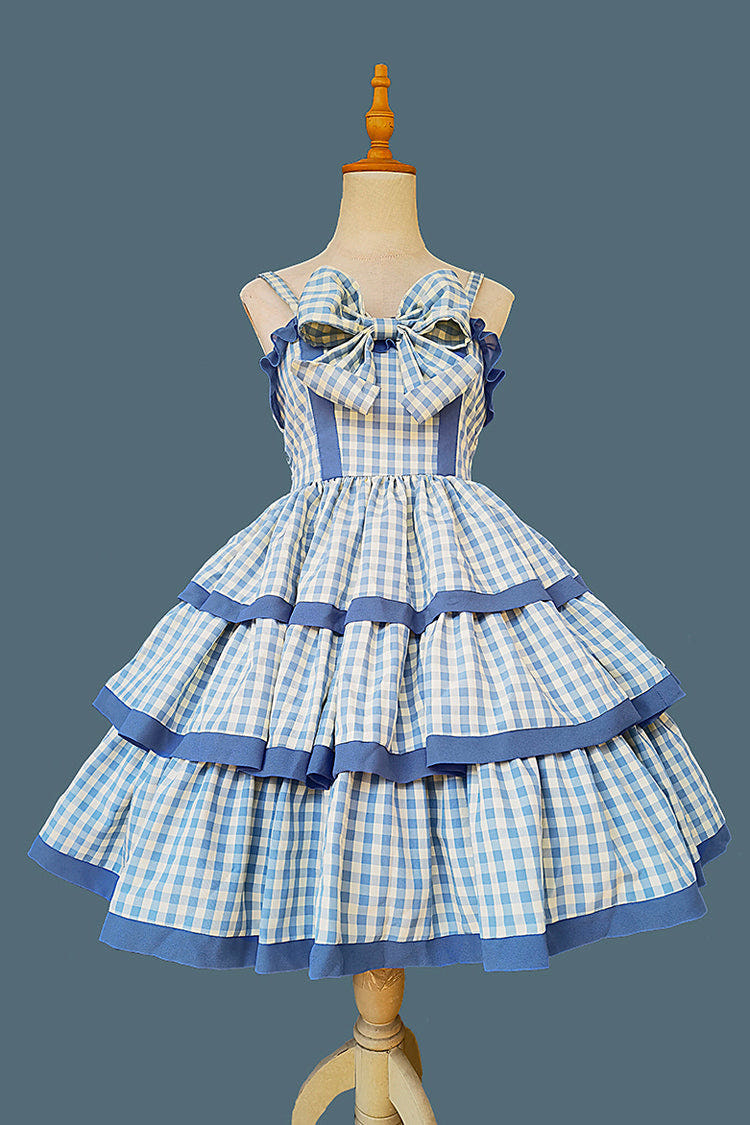 Blue [Cloth Cat] Triple-Layered Plaid Print Ruffle Bowknot Sweet Lolita Dress 2 Colors - Blue - 1
