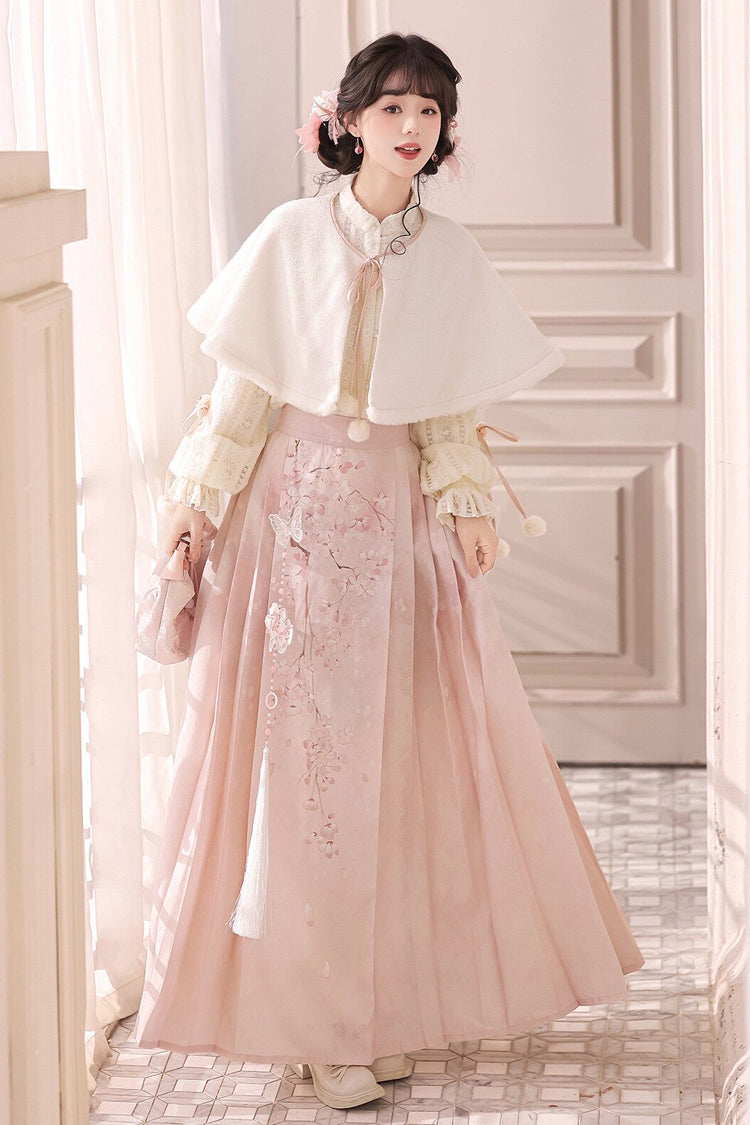 Pink [Cherry Blossoms Falling] Stand Collar Long Sleeves High Waisted Jacquard Printed Women's Sweet Hanfu Dress Set - Pink - 1
