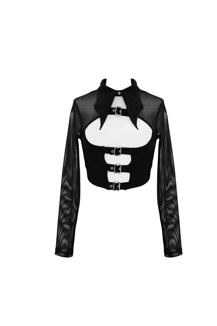 Black Bat Collar Splice Mesh Long Sleeve Chest Hasp Short Women's Punk T-Shirt - Product - 6