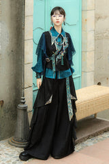 Black/Green Round Collar Long Sleeves Ruffle Embroidery Chinese Style Vintage Handsome Ouji Lolita Set - Product - 4