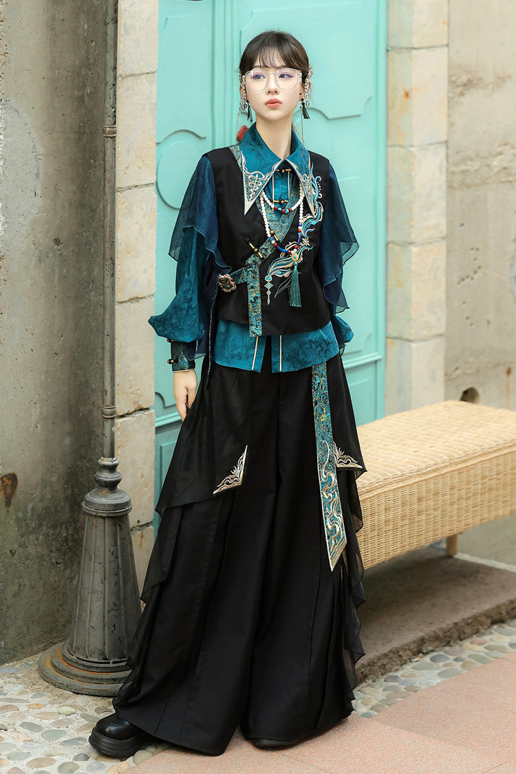 Black/Green Round Collar Long Sleeves Ruffle Embroidery Chinese Style Vintage Handsome Ouji Lolita Set - Product - 4