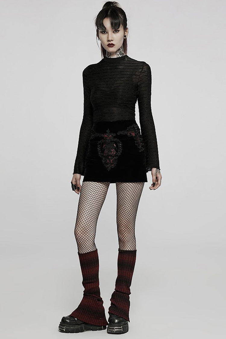 Black Gothic Velvet Striped Light Flared Sleeve Asymmetric Hem Sexy Long Sleeve Women's T-Shirt - Product - 4