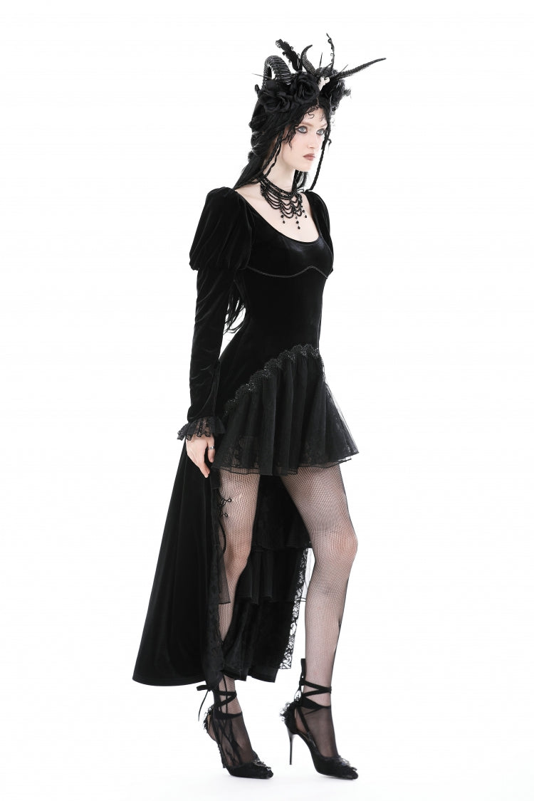 Black Round Collar Long Puff Sleeves Lace Lace-Up Hem High Low Women's Gothic Velvet Wedding Dress - Product - 2