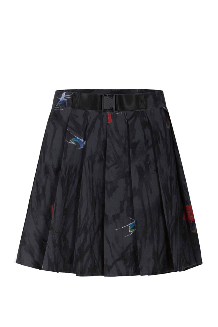 Black Casual Chinese Painting Decorated Pleated Women's Steam Punk Skirt - Product - 5
