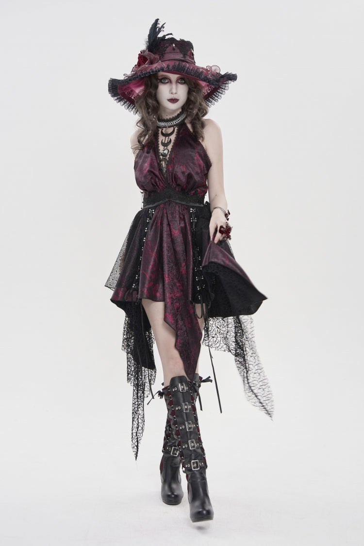 Black/Red Off Shoulder Sleeveless Multi-Layered Printed Lace Irregular Tassels Women's Gothic Dress - Black/Red - 7