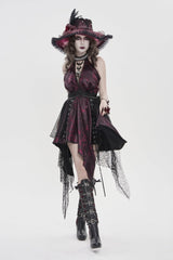 Black/Red Off Shoulder Sleeveless Multi-Layered Printed Lace Irregular Tassels Women's Gothic Dress - Black/Red - 7