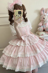 Pink [Maiden Heart] Triple-Layered Ruffle Bowknot Lace Sweet Lolita Jsk Dress - Product - 6