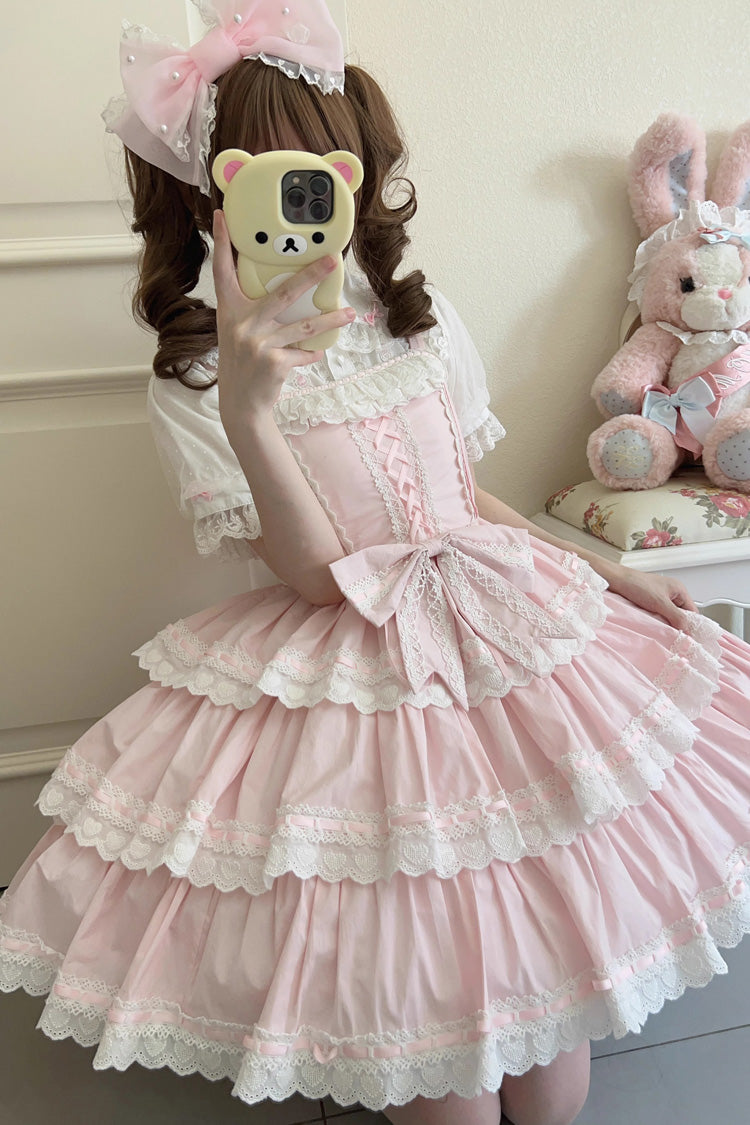 Pink [Maiden Heart] Triple-Layered Ruffle Bowknot Lace Sweet Lolita Jsk Dress - Product - 6