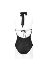 Black Stretch Textured Print Butterfly Halterneck Lace Women's Gothic One Piece Swimsuit - Product - 9