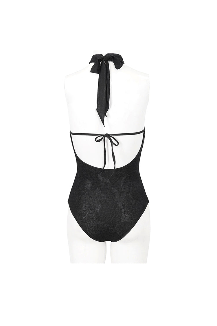 Black Stretch Textured Print Butterfly Halterneck Lace Women's Gothic One Piece Swimsuit - Product - 9