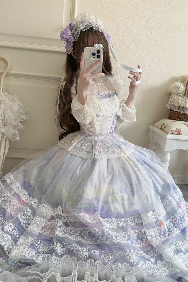 Light Purple [Mist-shrouded Vineyard] Sleeveless Ruffle Bowknot Lace-Up Sweet Lolita Jsk Skirt Dress Set - Product - 2
