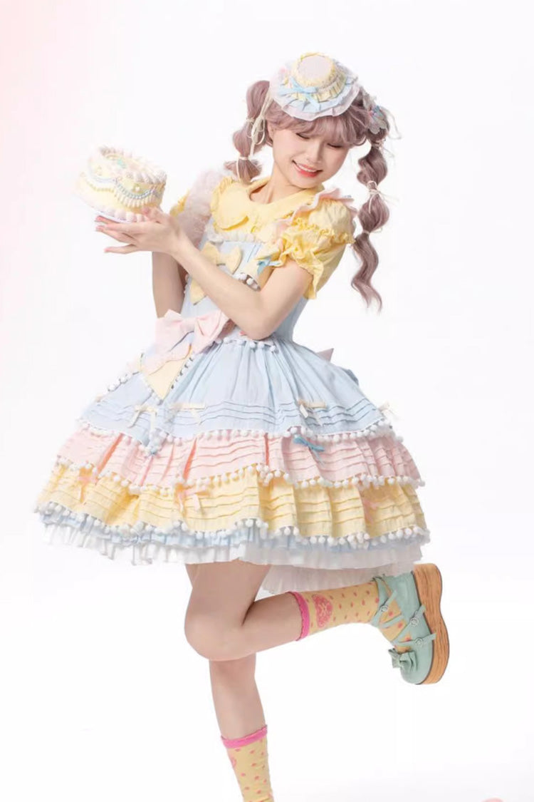 Blue/Pink/Yellow Sweetheart Macaron Ice Cream Multi-Layered Ruffle Bowknot Sweet Lolita Dress - Product - 6
