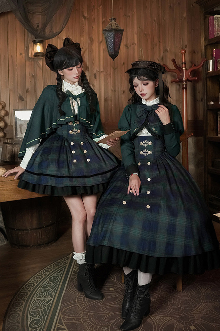 Blue/Green [Berlin's letter] Double-Layered Plaid Print Ruffle Bowknot Classic College Style Lolita Strap Dress Set 2 Versions - Product - 11