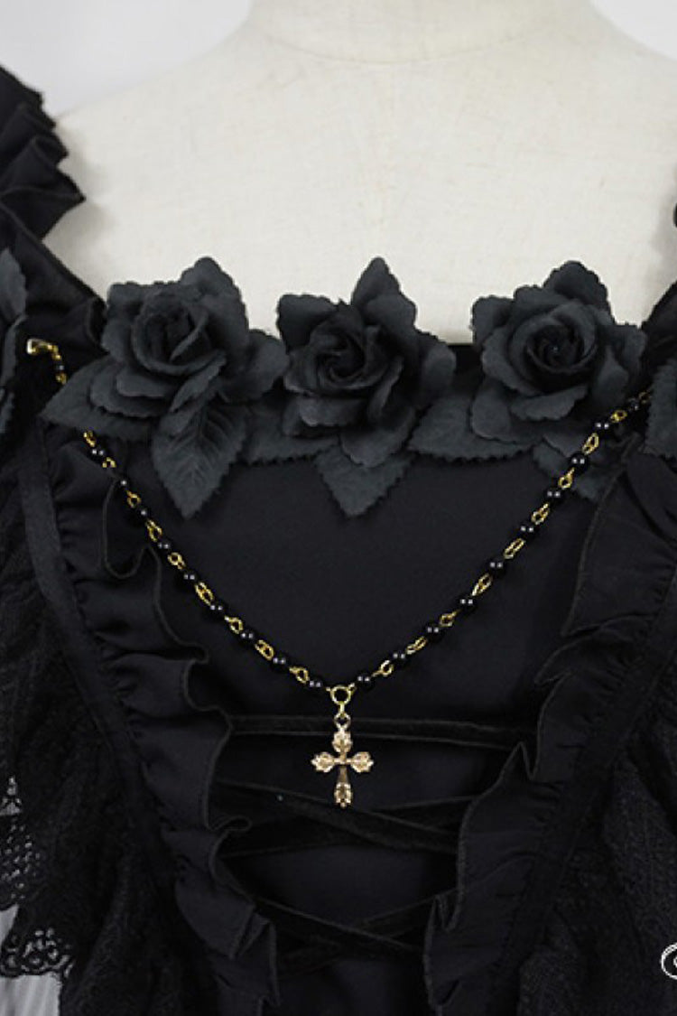[Ballet of the Dead] Double-Layered Embroidery Lace-Up Gothic Lolita Jsk Dress (Cape Included) - Product - 8