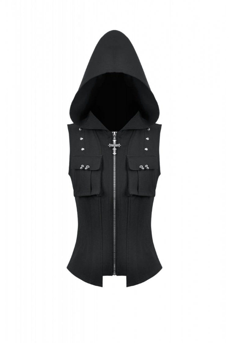 Black Sleeveless Studded Zippered Women's Punk Hooded Vest - Product - 3