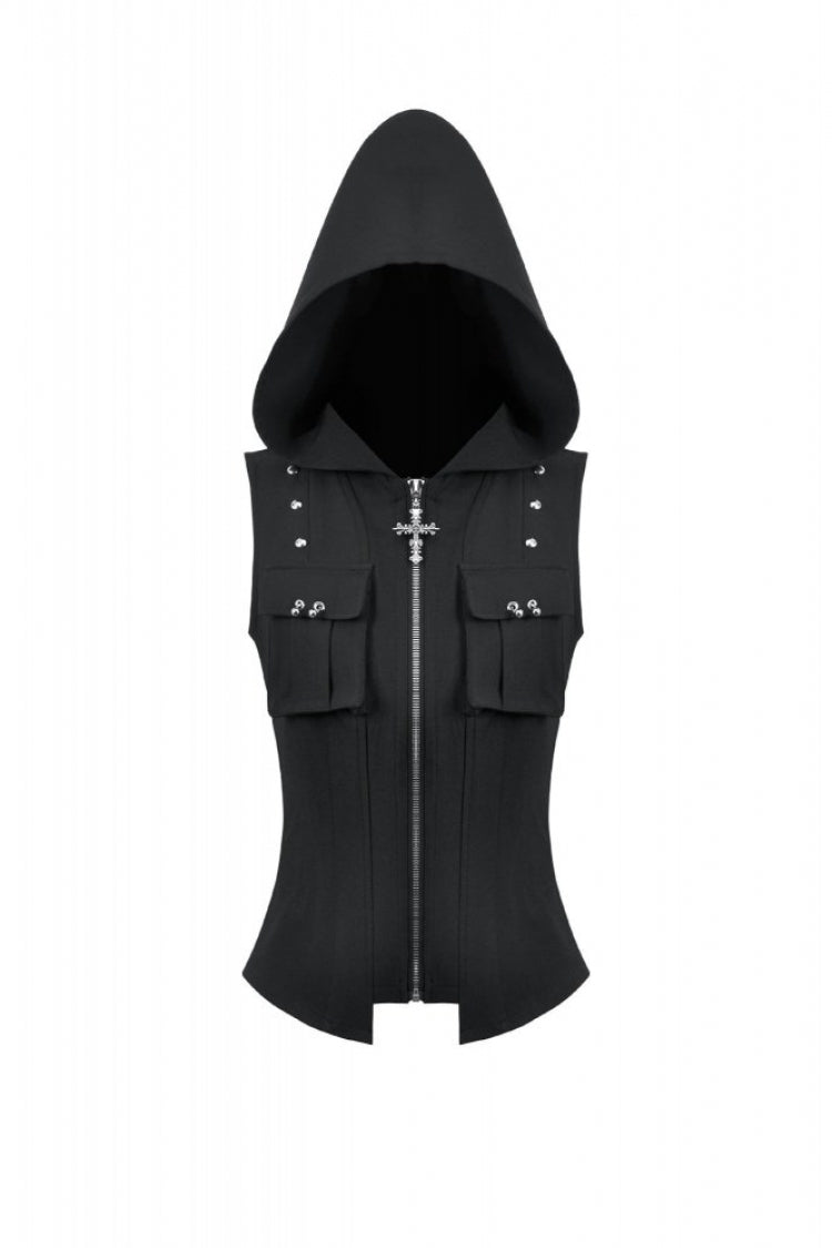 Black Sleeveless Studded Zippered Women's Punk Hooded Vest - Product - 3