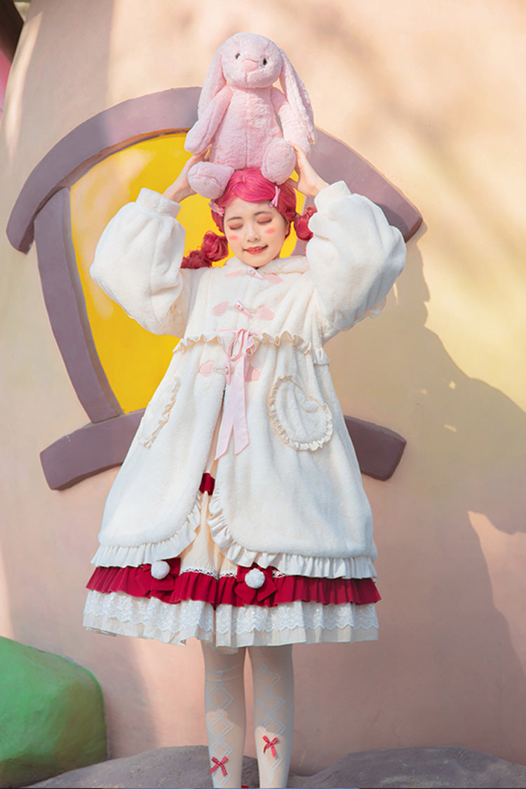 Ivory Long Ears Rabbit Ruffle Bowknot Hooded Daily Sweet Lolita Coat - Product - 9