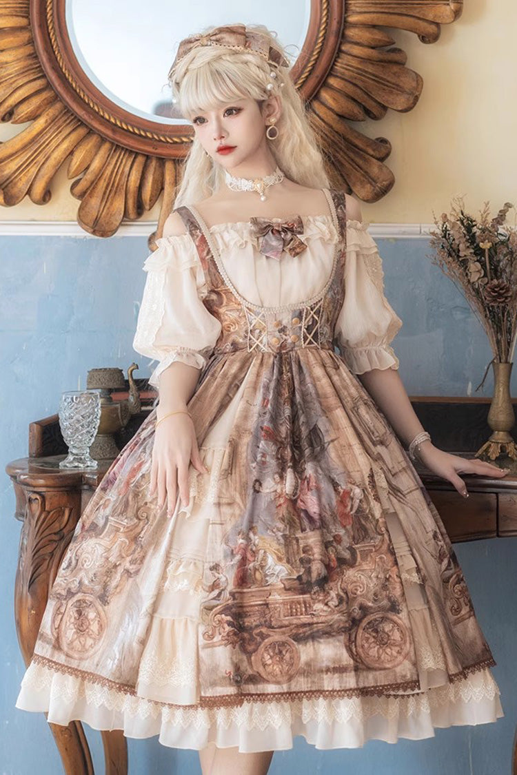 Brown [Cloria] Oil Painting Print Bowknot Lace Sweet Elegant Palace Lolita Jsk Dress - Brown - 1