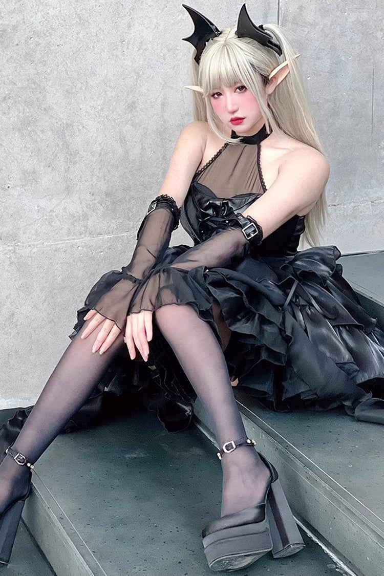 Pure Black Little Devil Sexy Princess Slim Gothic Lolita Strapless Tiered Dress - Product - 5