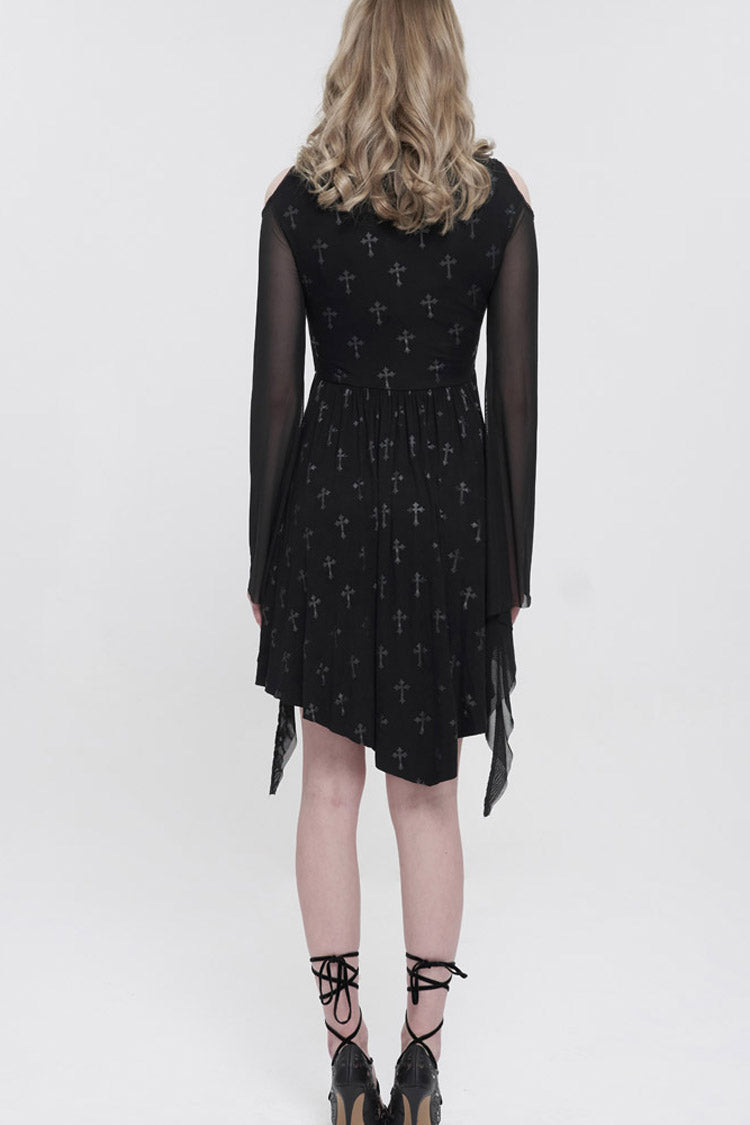 Black Sleeves Cross Print Embroidered And Beaded Neckline Stretch-Mesh Flared Women's Gothic Dress - Product - 7