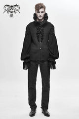 Black High Collar Chiffon Chest Frilly Beading Long Sleeve Lace Cuff Men's Gothic Shirt - Product - 4