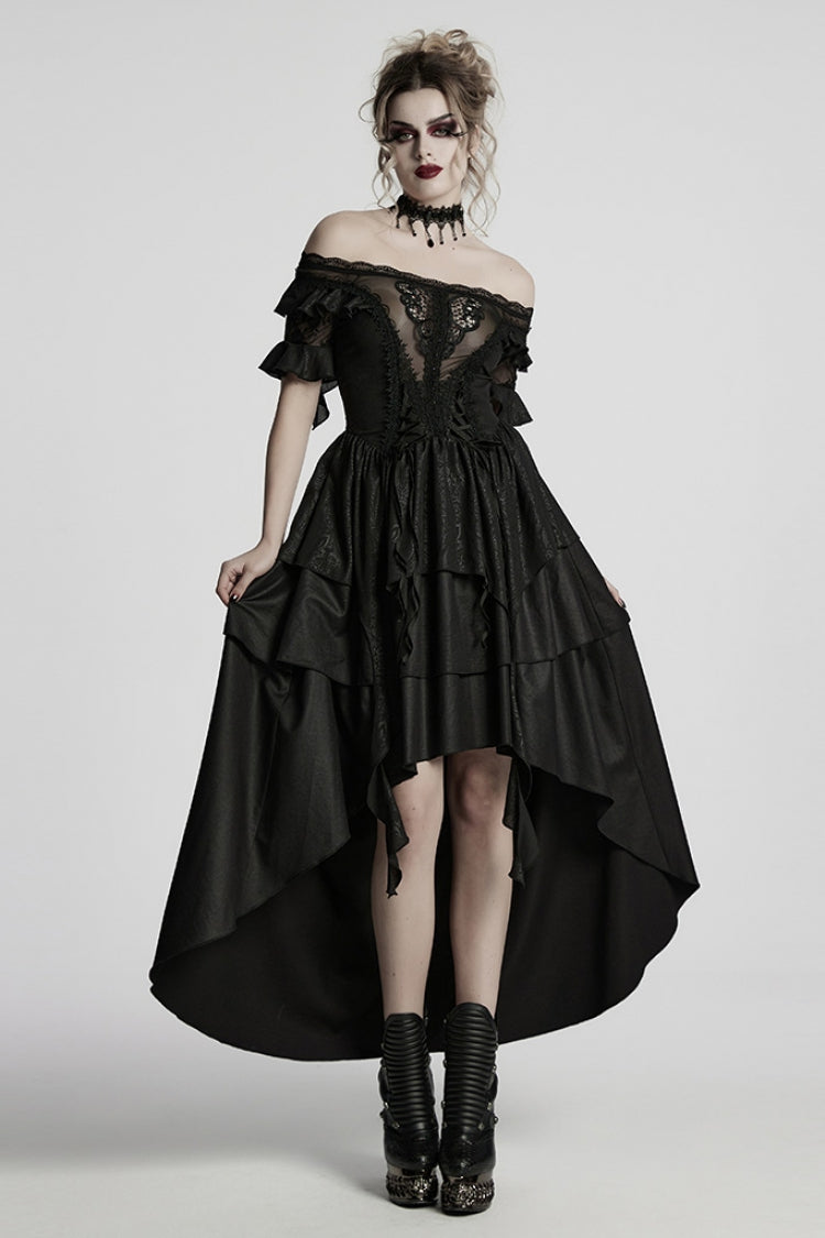 Black Off Shoulder Ruffle Sheer Women's Gothic High/low Prom Dress - Product - 4