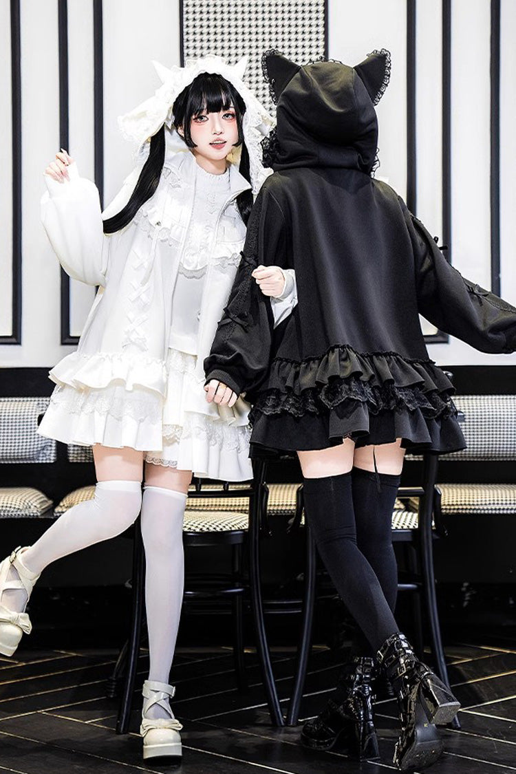 White Long Sleeves Ruffle Zipper Sweet Handsome Lolita Sweatshirt Coat - Product - 5