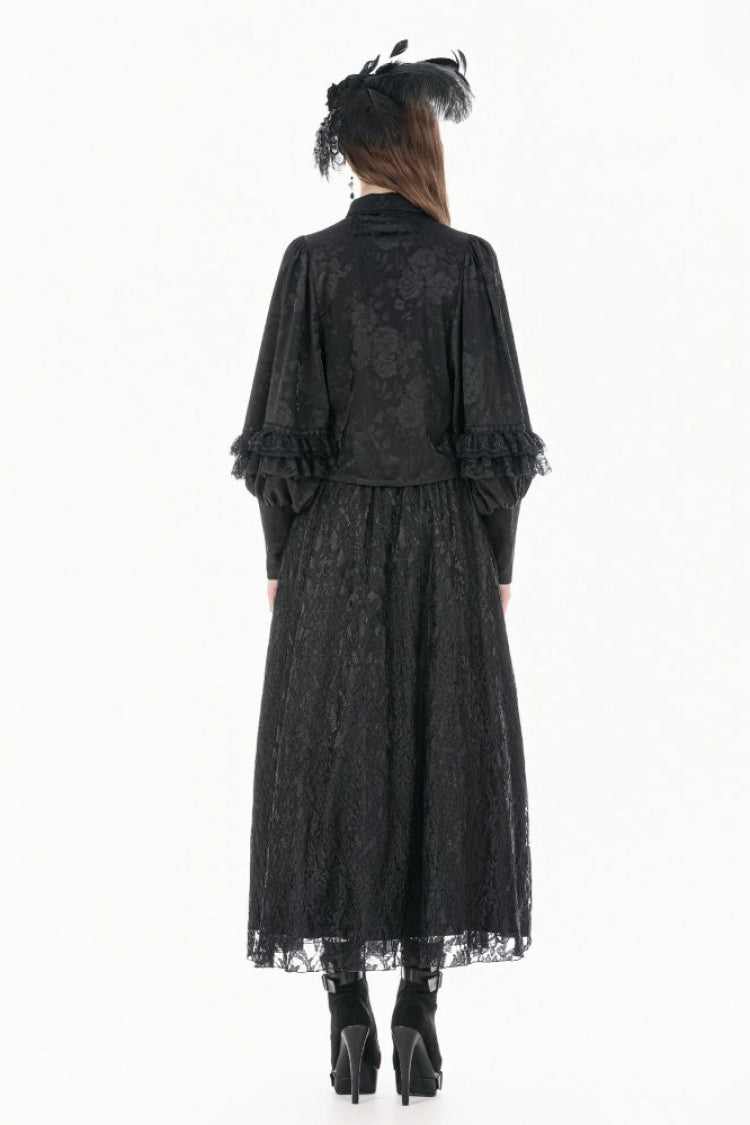 Black Point Collar Long Bishop Sleeves Rose Jacquard Irregular Hem Women's Gothic Blouse with Detachable Tie - Product - 4