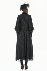 Black Point Collar Long Bishop Sleeves Rose Jacquard Irregular Hem Women's Gothic Blouse with Detachable Tie - Product - 4