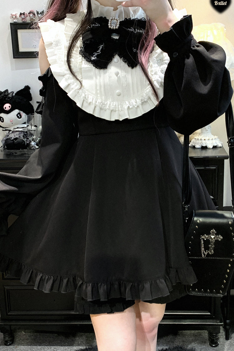 Black/White [Rose Princess] Off Shoulder Long Sleeves Ruffle Bowknot Gothic Jirai Kei Dress - Product - 6
