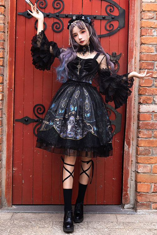 Black Square Collar Cemetery Butterfly Skull Print Lace Lantern Sleeves Multi-Layer Ruffled Gothic Lolita OP Dress - Product - 2