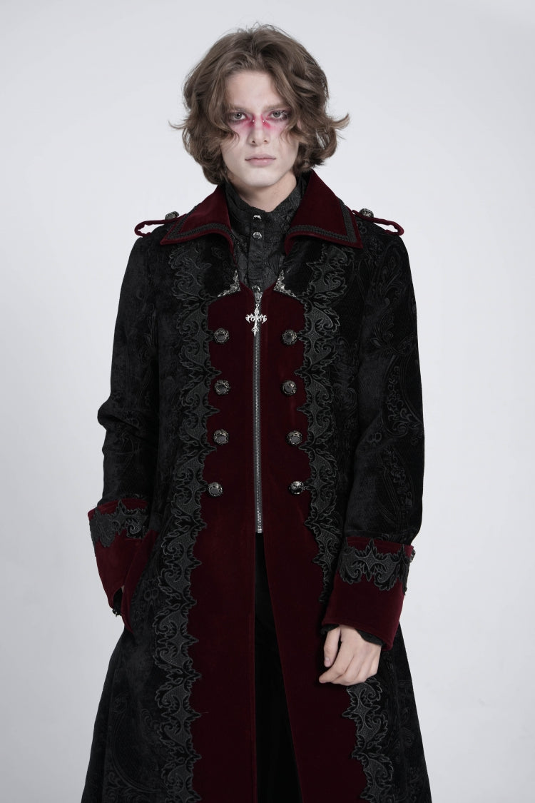 Black/Red Lapel Collar Embroidery Zipper Men's Gothic Handsome Coat - Product - 4