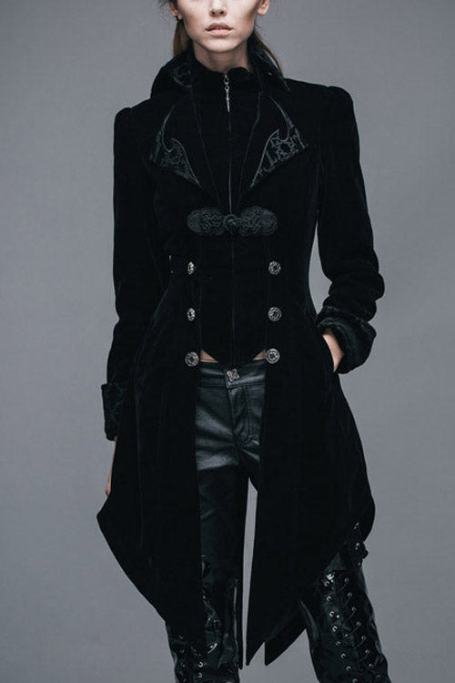 Black Embroidered High Collar Dovetail Velveteen Womens Gothic Coat - Black - 1
