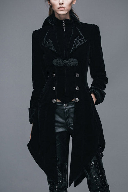 Black Embroidered High Collar Dovetail Velveteen Womens Gothic Coat - Black - 1