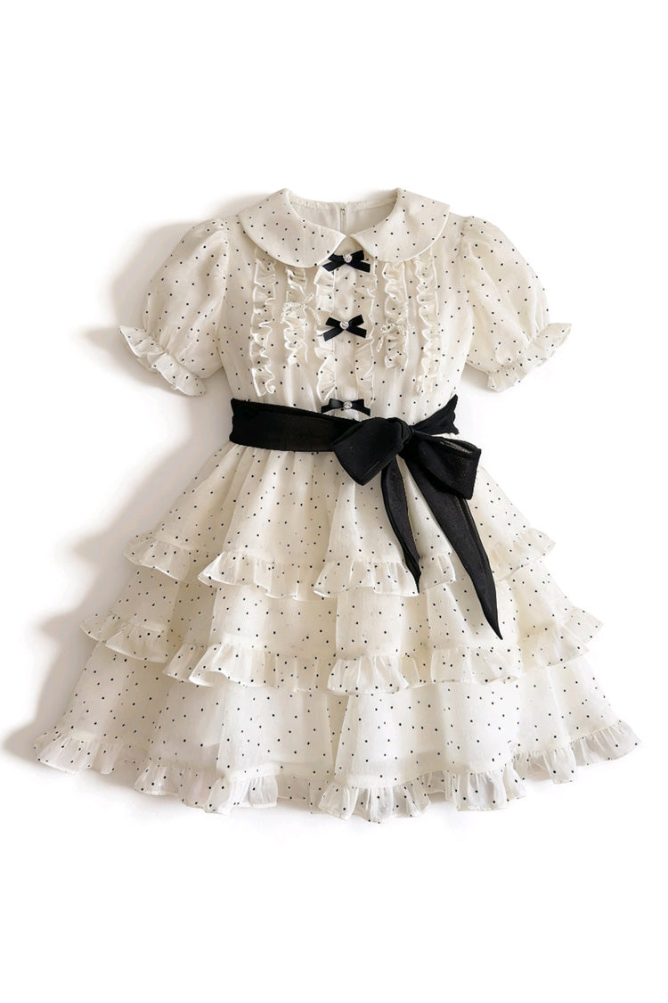 White Doll Collar Short Sleeves Triple-Layered Polka Dots Printed Ruffled Bow Plus Size Princess Sweet Lolita Dress - Product - 3