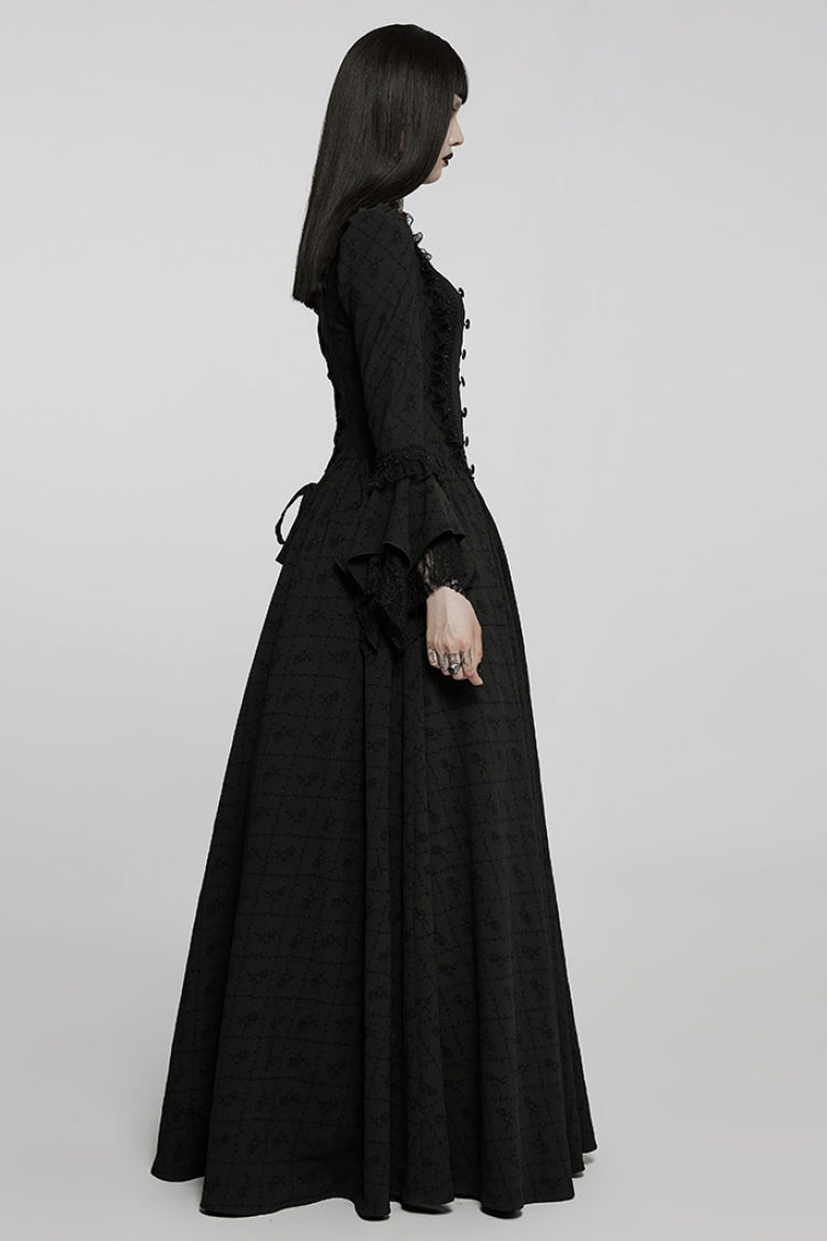 Black Square Collar Long Trumpet Sleeves Rose Print Lace Women's Gothic Elegant Dress - Product - 2