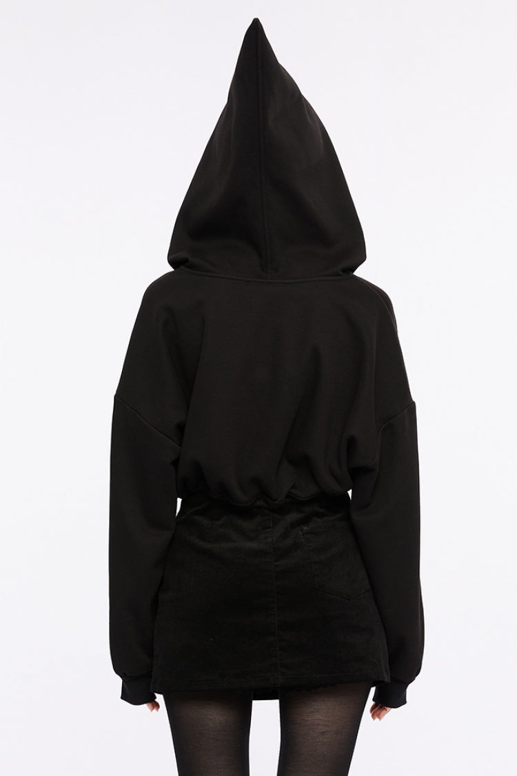 Black Long Sleeves Hooded Short Loose Women's Punk Shirt - Product - 3