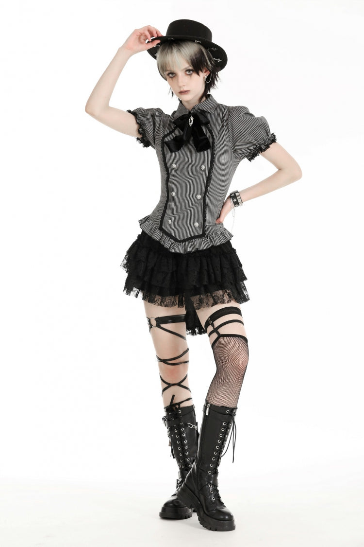 Black/Grey Short Puff Sleeves Lace-Up Striped Double-Breasted Women's Gothic College Style Blouse - Black/Grey - 1