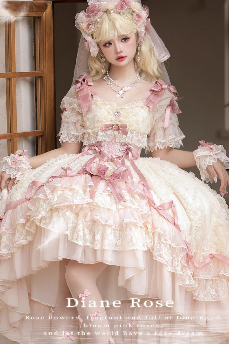 Pink [Diane Rose] Short Sleeves Multi-Layered Jacquard Ruffle Hanayome Cardigan Bowknot Lace Sweet Lolita Dress - Product - 5