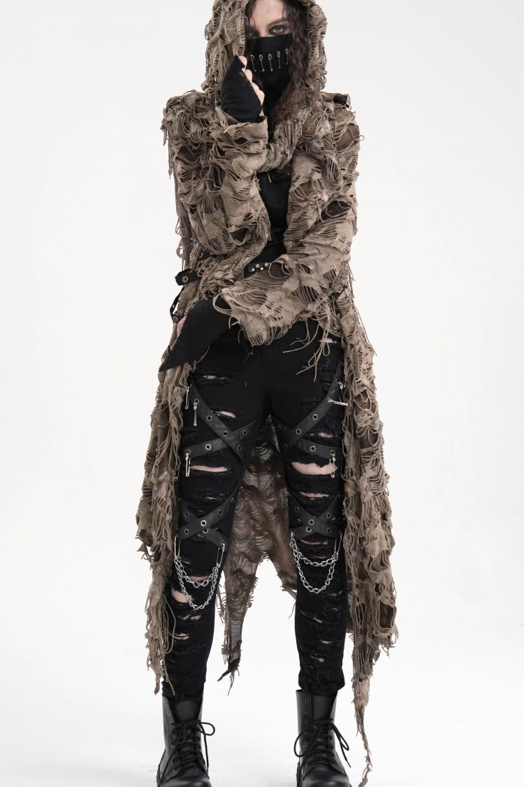 Brown Long Sleeves Hooded Women's Punk Eyelets Zip Cape - Product - 9