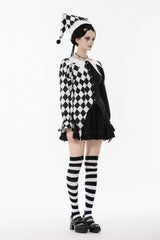 Black/White Harlequin Collar Diamond Pattern Color-Blocked Long Puff Flare Sleeves Women's Gothic Blouse - Product - 11
