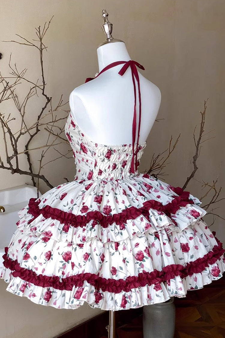 Red/White Halterneck Romantic Rose Print Ruffle Bowknot Sweet Chinese Style Lolita Dress - Product - 4